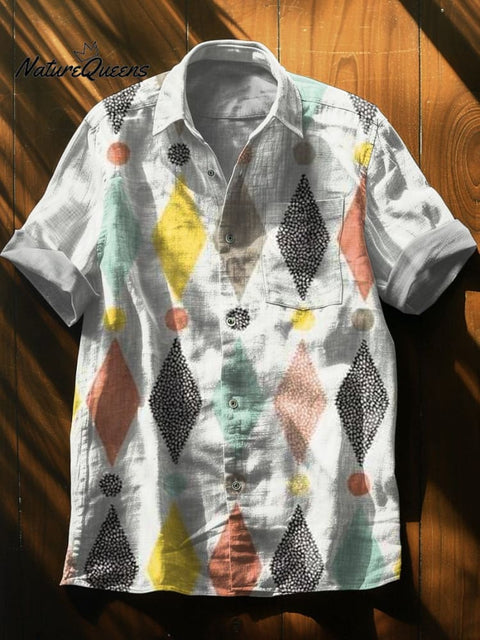 Rhombus Color Splicing Art Print Casual 100% Cotton Shirt