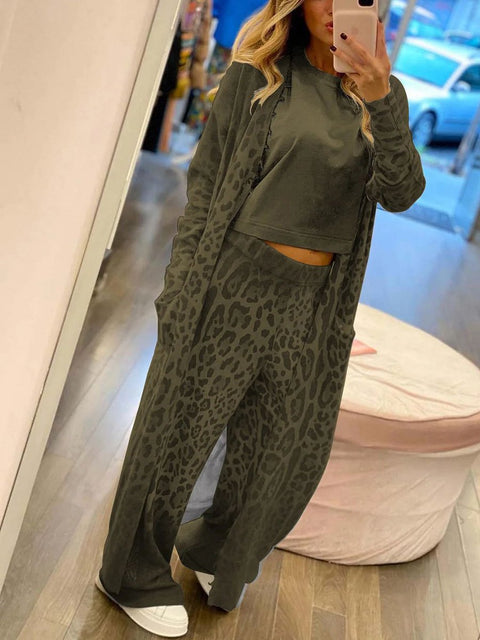 Women's Leopard Print Long Sleeve Cardigan Jacket And Long Pants Two Piece Set Outfit