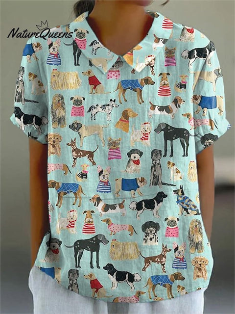 Lovely Puppy Dogs Pattern Printed Women's Casual Cotton And Linen Shirt