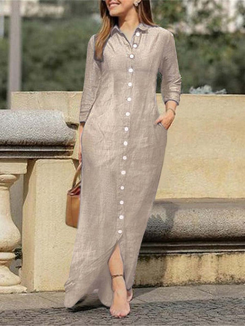 Women's Solid Color Loose Elegant Casual Lapel Long Sleeve Cotton Long Shirt Dress