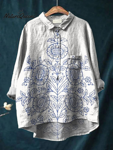 Symmetrical Lines Sunflower Decorative Pattern Casual Cotton And Linen Shirt