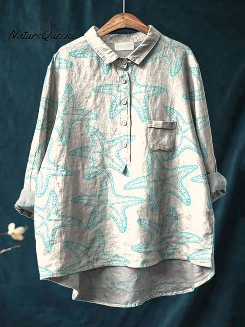Mambo Green Starfish Pattern Casual Cotton And Linen Shirt