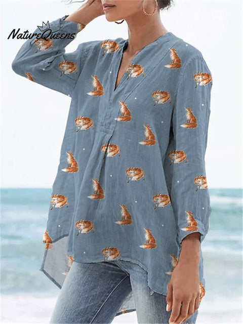 Petite Foxes Repeat Pattern Printed Women's Casual Linen V-Neck Shirt