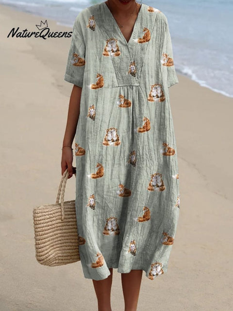 Petite Woodland Fox Pattern Printed Women's Flowy Dress