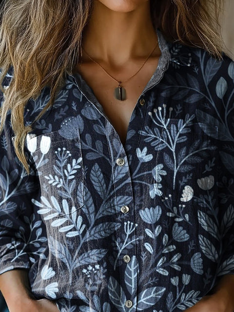 Tranquil Floral Garden Pattern Printed Women's Casual Long Sleeve Comfortable Cotton Shirt
