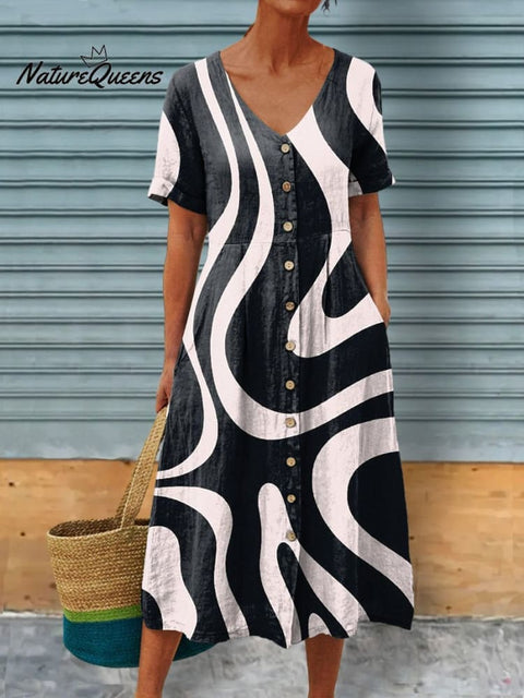 Abstract Swirl Pattern Printed Women’s Linen Pocket Tunic Dress Black & White / S