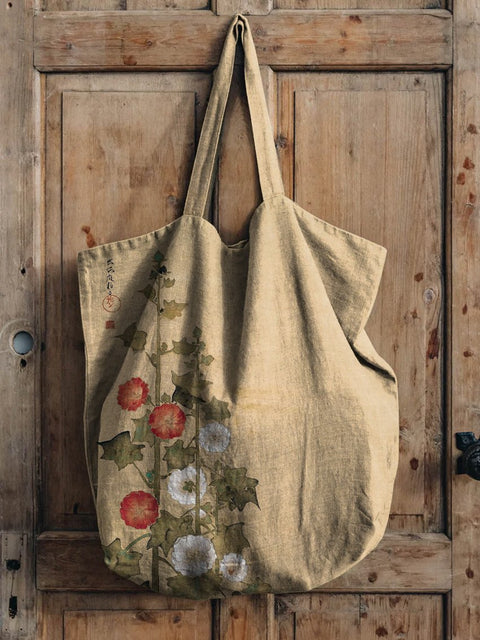 Japanese Style Morning Glory Floral Art Printed Linen Tote Bag