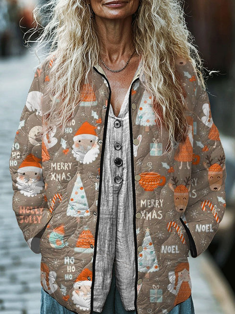 Women's Retro Christmas Santa Print  Casual Quilted Jacket
