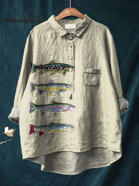 Women's Fish Print Casual Cotton And Linen Shirt
