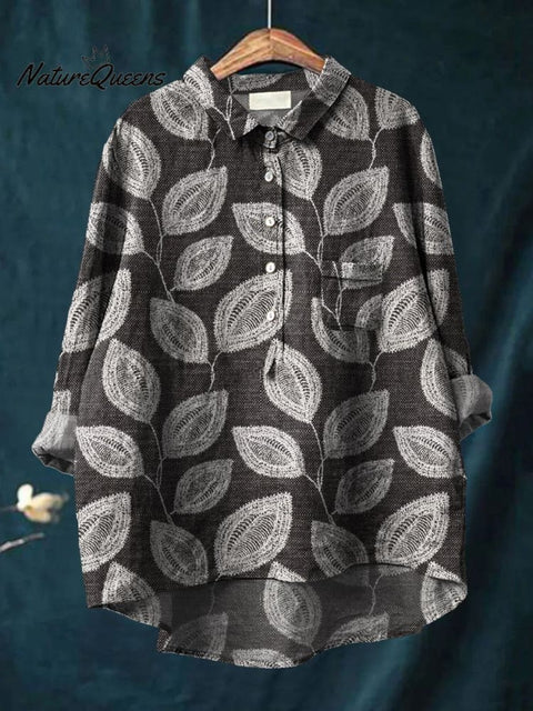 Leaves Art Print Casual Cotton And Linen Shirt