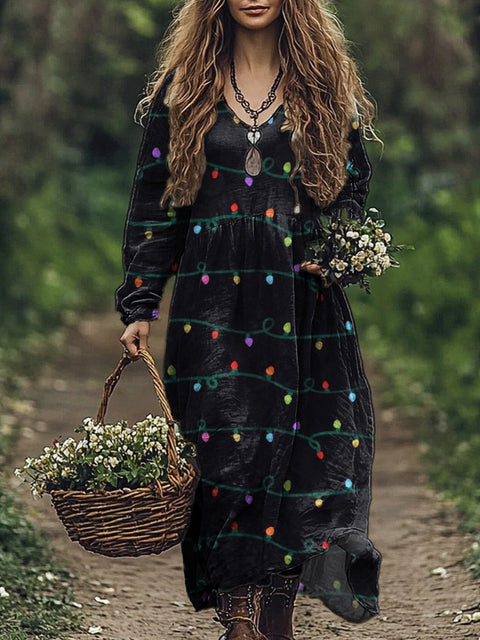 Christmas Light Pattern Printed Women's Pocket Cotton Dress