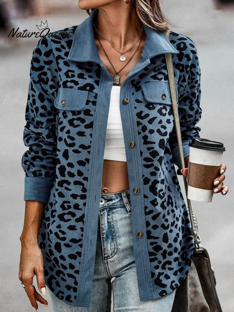 Women's Leopard Print Button Down Long Sleeve Jacket