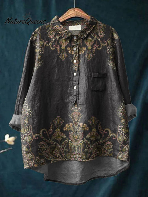 Symmetrical Delicate Floral Decorative Patterns Casual Cotton And Linen Shirt