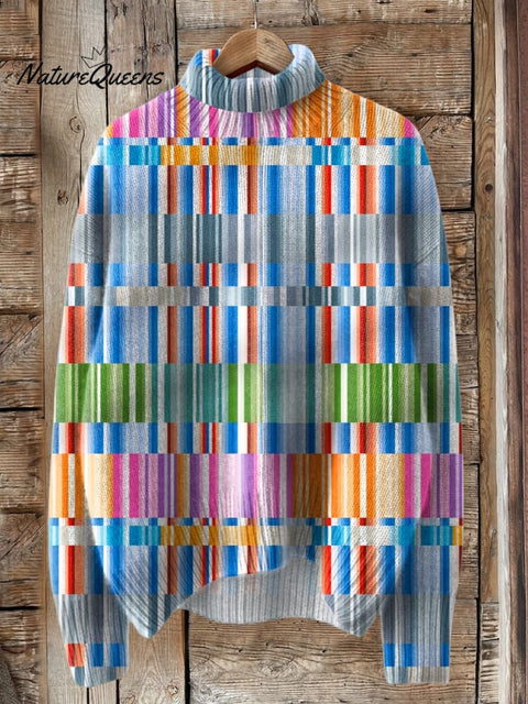 Bauhaus Style Geometric Rectangle Pattern Printed Knit Turtleneck Pullover Sweater