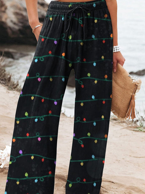 Christmas Light Pattern Printed Women's Cotton And Linen Casual Pants