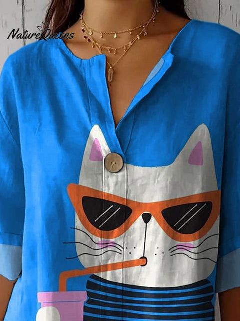 Cartoon Cat In Summer Graphic Printed Women's Casual Cotton Linen Shirt