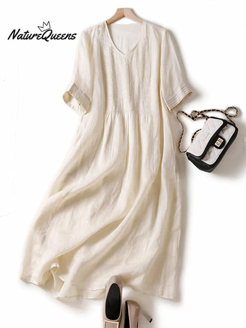 Elegant Pleated Loose Cotton Linen Dress