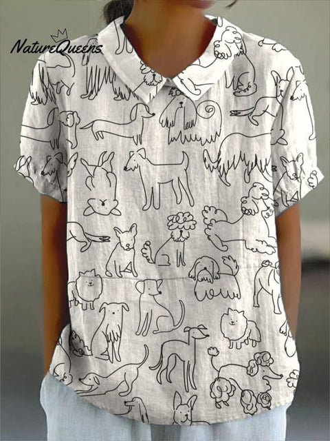 Women's Simple Black and White Lines Cartoon Puppy Print Casual Cotton And Linen Shirt