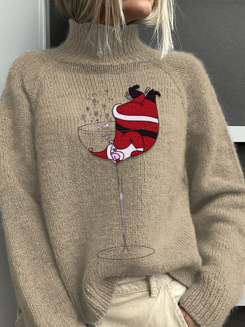 Embroidery   Red Wine Glass Santa  Christmas Art Print Knit Turtleneck Pullover Sweater