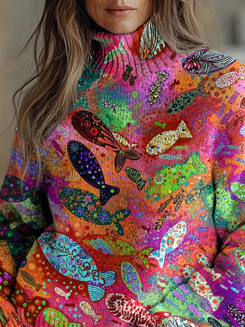 Multicolor Fish Art Printed Knit Turtleneck Pullover Sweater