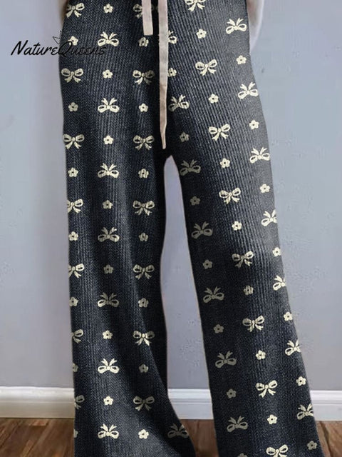 Lovely Small Ribbon Pattern Printed Women's Comfortable Knitted Trousers
