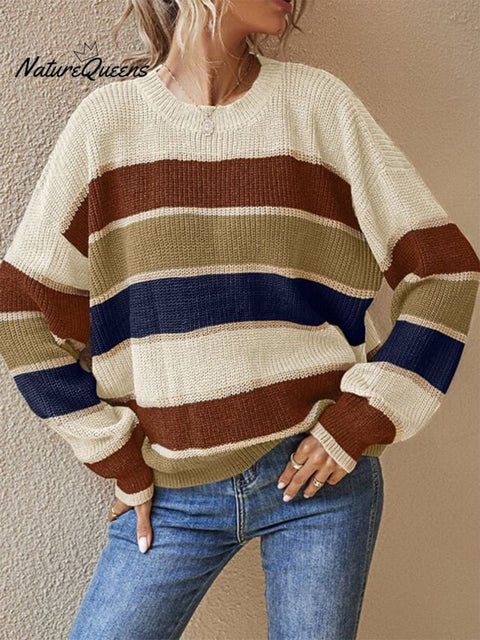 Autumn and Winter Crew Neck Sweater, Lazy and Loose, Classic Striped Long-sleeved Sweater Top