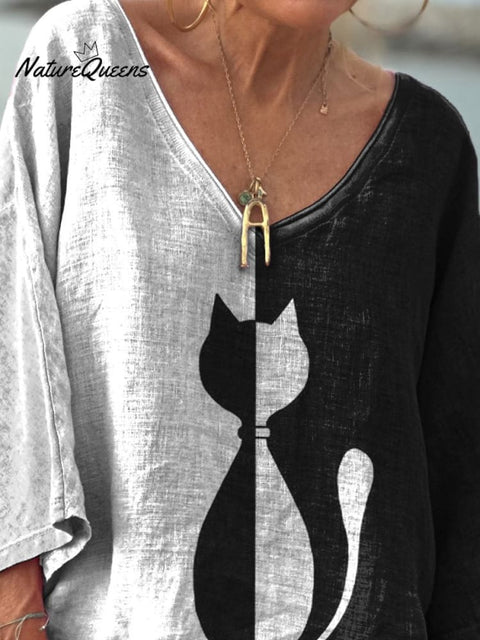 Black And White Symmetrical Cat Art Printed Women's Casual V-neck Long Sleeve Comfortable Cotton T-shirt