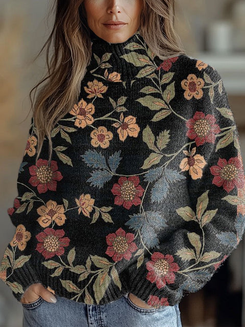Flowers Art Print Knit Turtleneck Pullover Sweater