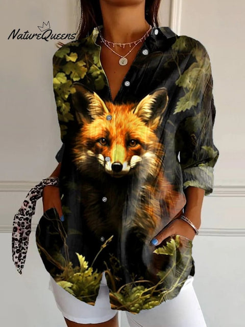 Women's  Fox  Art Print Casual Cotton Shirt