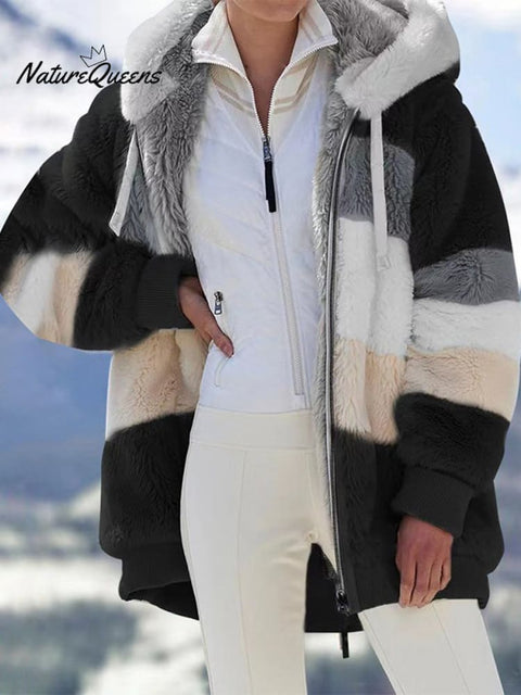 Autumn and Winter Loose Plush Multicolor Hooded Jacket