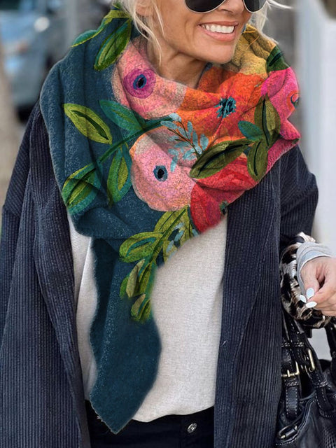 Women's Flower Print Casual Knitted Blanket Poncho Hood Cape