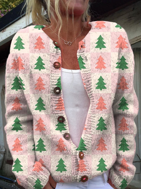 Cute Pink Plaid Christmas Tree Print Buttoned Cardigan Sweater