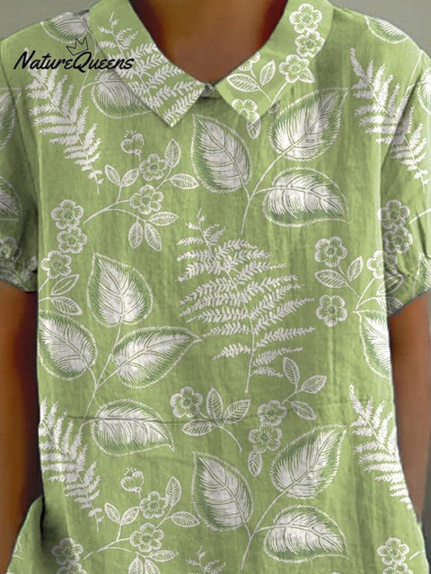Green Spring Meadows Pattern Printed Women's Casual Cotton And Linen Shirt