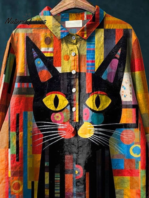 Colorful Geometric Cat Painting Printed Women's Casual Cotton And Linen Shirt