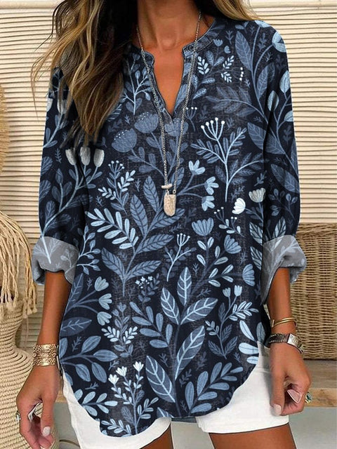 Tranquil Floral Garden Pattern Printed Women's Casual Linen V-Neck Shirt