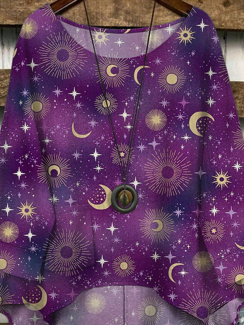Hippie Style Moon And Star Astrology Pattern Printed Women's Casual Long Sleeve Comfortable Cotton Top
