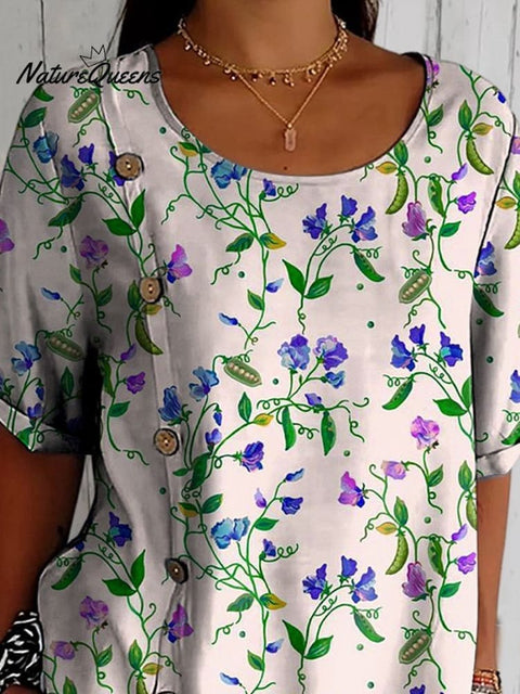 Peas And Flower Pattern Printed Women's Casual Cotton Shirt