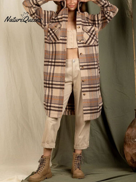 Stylish Lapel Big Pocket Long Sleeve Plaid Jacket Cardigan