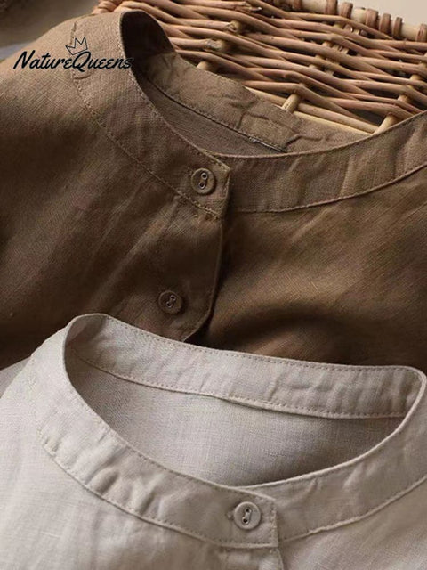 Women's Solid Color Lantern Sleeve Cotton And Linen Blouse