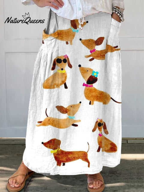 Women's Cute Dachshund  Art Art Print Linen Pocket Skirt
