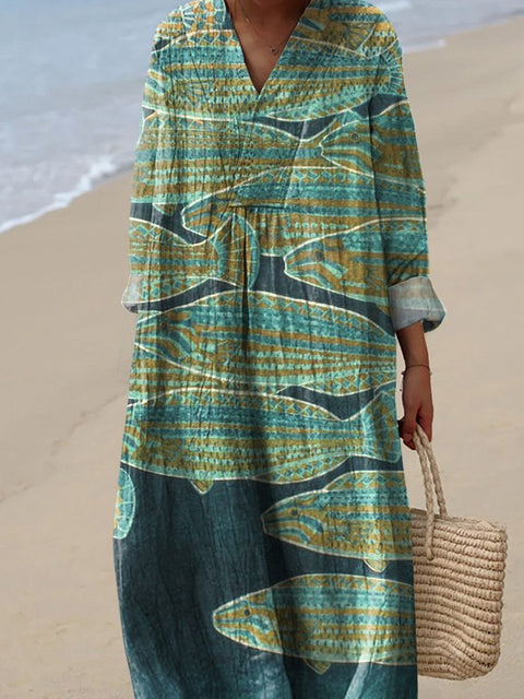 Japanese Style Watercolor Sea Fish Art Printed Women's Dress