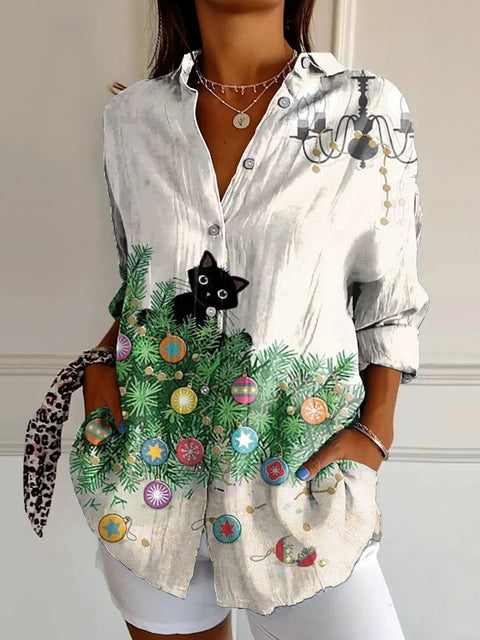 Women's Christmas Cat Art  Print Casual Cotton Shirt