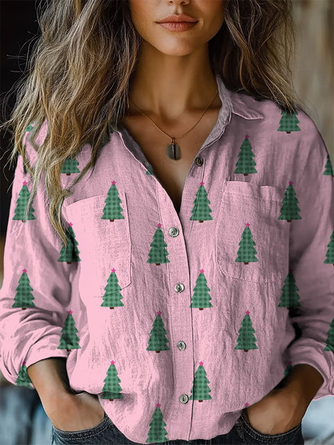 Lovely Petite Christmas Tree Pattern Printed Women's Casual Long Sleeve Comfortable Cotton Shirt