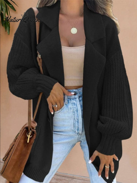 Women's Solid Color Suit Collar Sweater Cardigan Knit Jacket