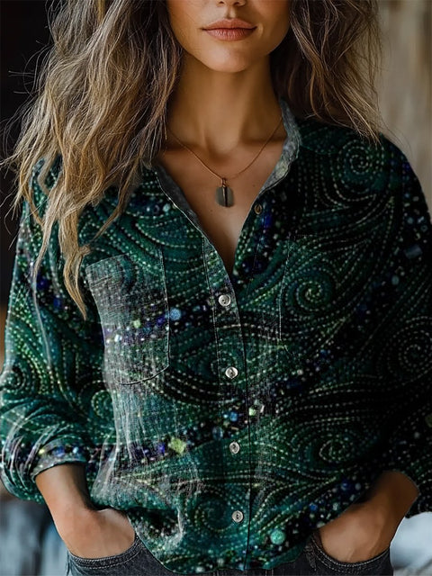 Abstract Patchwork Swirl Art Printed Women's Casual Long Sleeve Comfortable Cotton Shirt