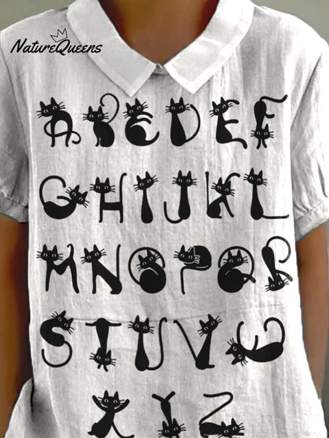 Lovely Cat Alphabet Pattern Printed Women's Casual Cotton And Linen Shirt