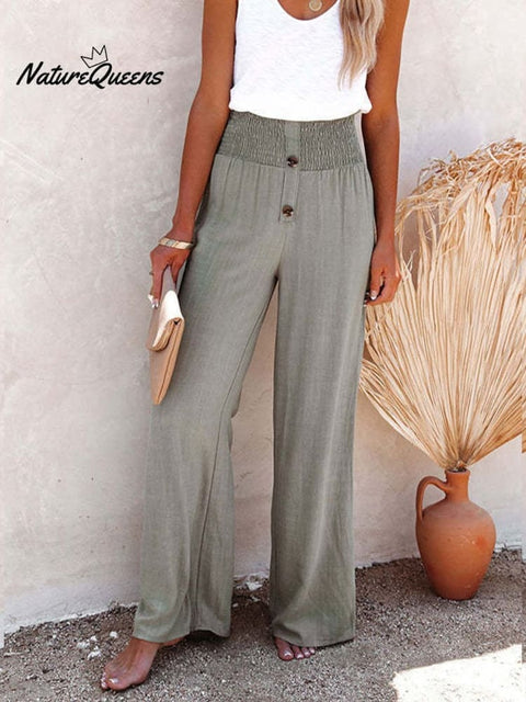 Hemp Elasticated Loose Casual Wide - Leg Women’s Trousers Green / S