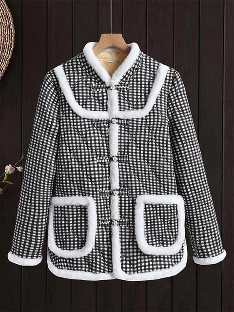 Women's Black and White Grid Chinese-style Padded Jacket