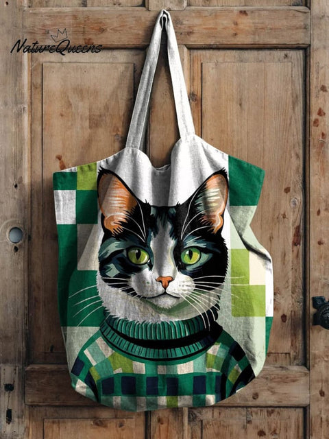 Cat Wearing Sweater Art Printed Linen Tote Bag