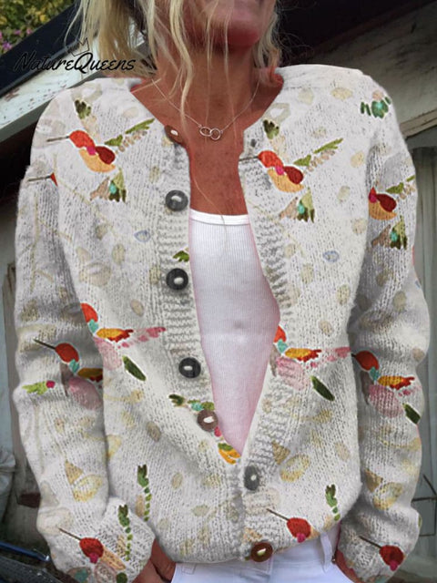 Bird Floral  Art Print  Buttoned Cardigan Sweater
